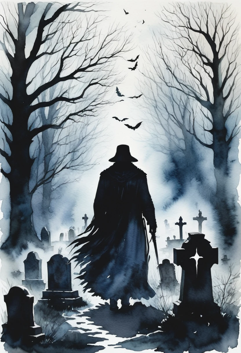 A mesmerizing minimalistic watercolor illustration portrays a captivating reverse silhouette of folklore creatures and supernatural beings against a hauntingly beautiful skull. The eerie ghosts, werewolves, and vampires each possess their unique silhouette, encircling the central figure. A somber graveyard setting with tombstones and gnarled trees provides the backdrop, enhancing the mysterious atmosphere. The delicate watercolor technique lends an ethereal quality to the piece, while the minimalist style highlights the creatures' intricate shapes and silhouettes. This dark fantasy conceptual art, with its conceptual illustration, evokes a sense of wonder and curiosity, enticing the viewer to delve into the depths of the supernatural world., conceptual art, dark fantasy, illustration