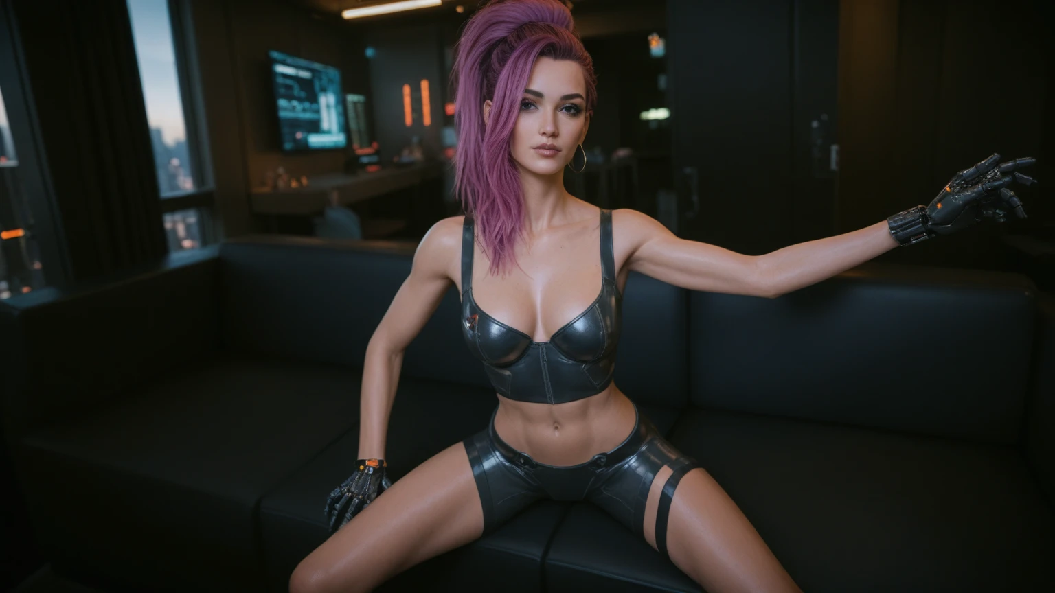 1girl, 35yo, long hair, cyberpunk, wearing latex outfit, sitting on sofa pose, apartment indoor background, daylight coming to her face from the open window, daytime, big breasts, fit body, (full body implants:1.3), robotic cyborg hands, cyberpunk 2077 style