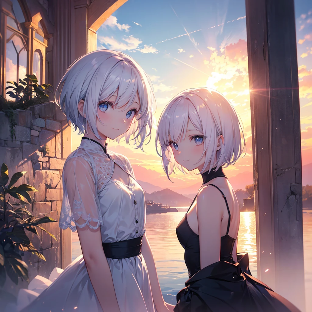 (Sunset Scene, Soft lighting, High saturation):1.4, Vivid lighting, Enchanting elegance, Atmospheric Depth, Great technology, Naturalistic representation, Harmonious composition, Creative refinement, Striking contrast, (One beautiful girl), smile, Expose, white bob hair ,Volumetric Fog, Outdoor, Backlight, Small breasts, short hair