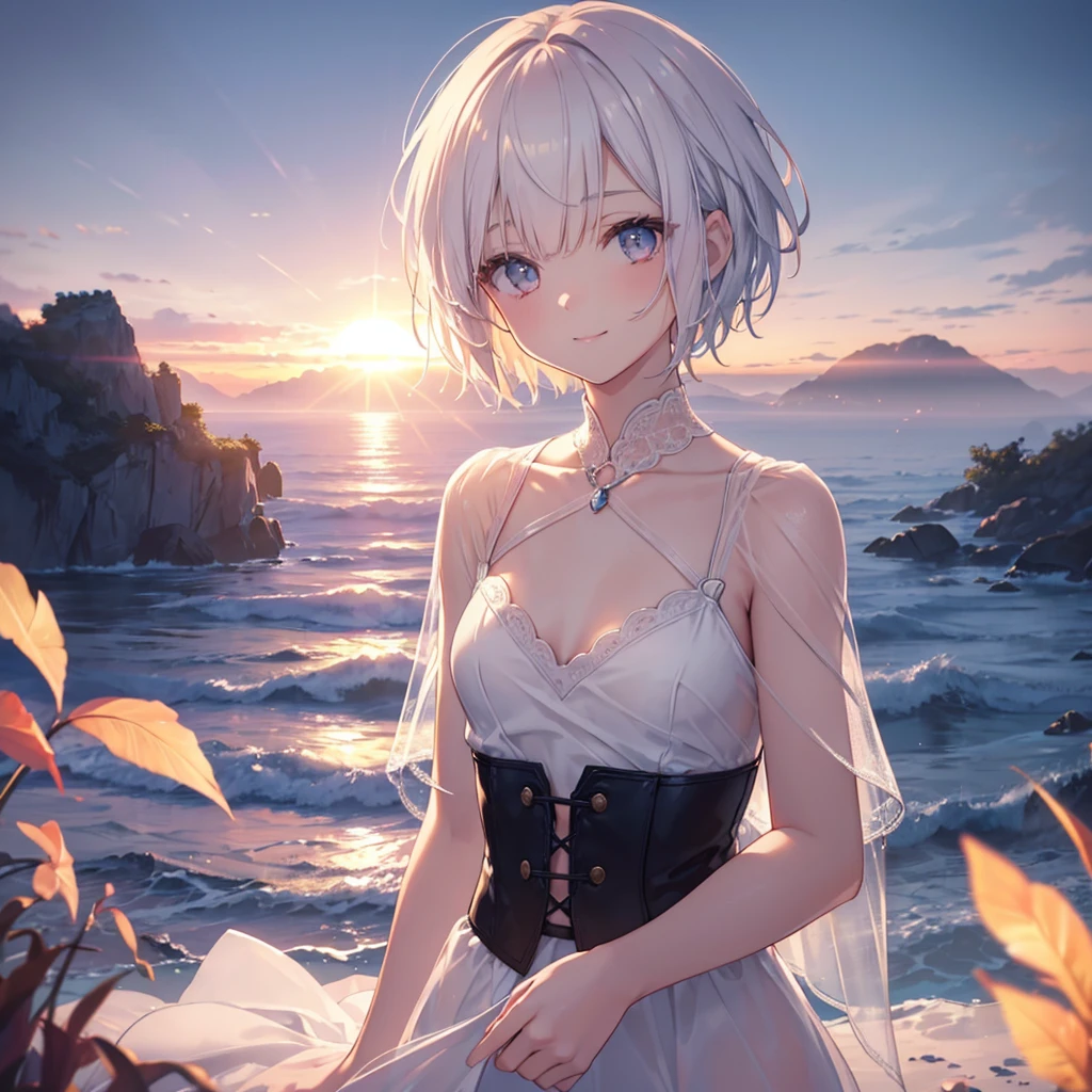 (Sunset Scene, Soft lighting, High saturation):1.4, Vivid lighting, Enchanting elegance, Atmospheric Depth, Great technology, Naturalistic representation, Harmonious composition, Creative refinement, Striking contrast, (One beautiful girl), smile, Expose, white bob hair ,Volumetric Fog, Outdoor, Backlight, Small breasts, short hair