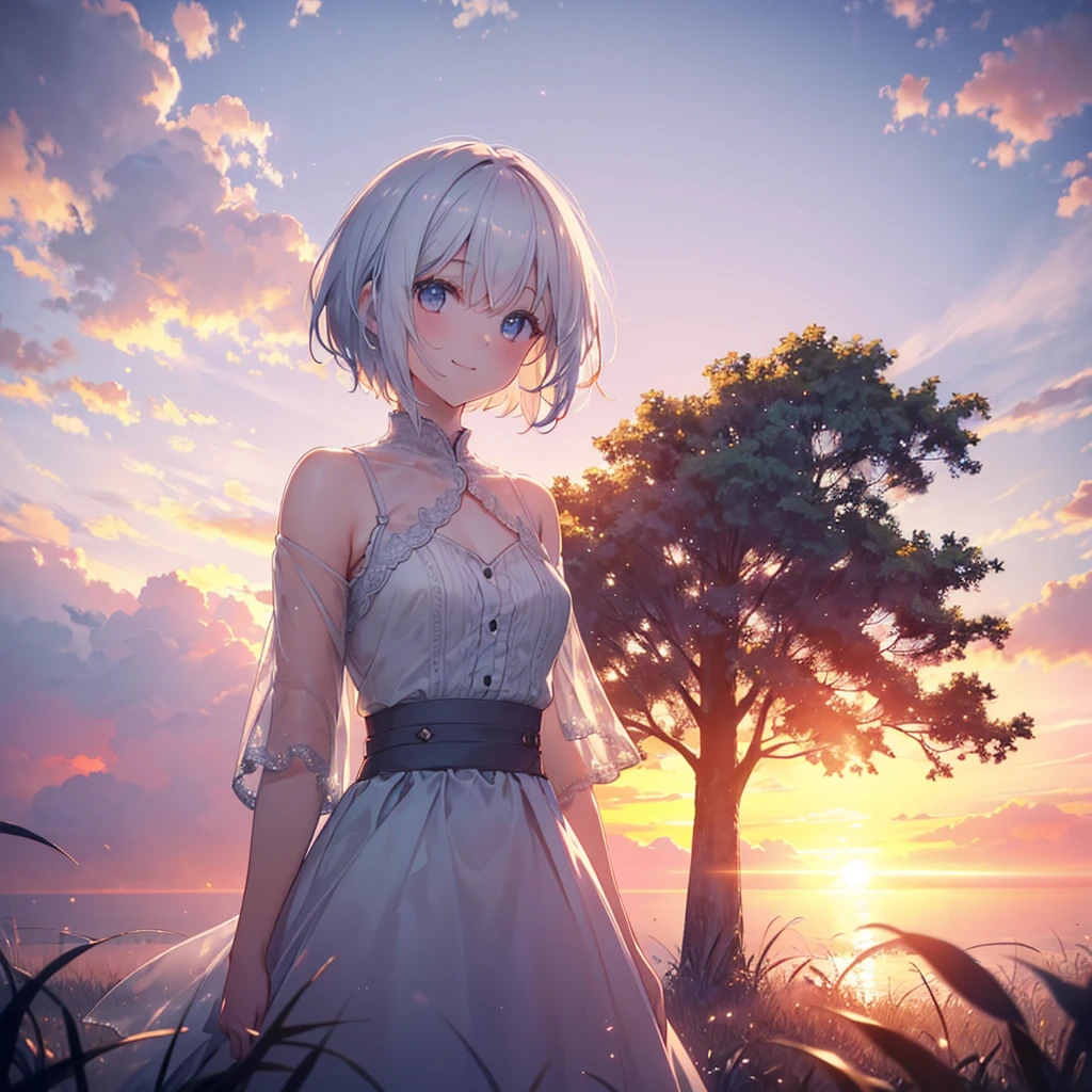 (Sunset Scene, Soft lighting, High saturation):1.4, Vivid lighting, Enchanting elegance, Atmospheric Depth, Great technology, Naturalistic representation, Harmonious composition, Creative refinement, Striking contrast, (One beautiful girl), smile, Expose, white bob hair ,Volumetric Fog, Outdoor, Backlight, Small breasts, short hair