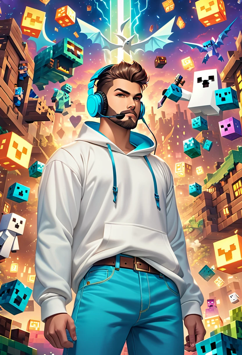 (Male), (6'2"), (Brown spiked pompadour hair), (Close shaven brown full beard) (White Hoodie), (Navy jeans), (Black gaming headphones around neck), (wielding a blue teal sword and a wooden bow), (Surrounded by Ghosts and Minecraft Monsters), (in a Blocky world)
