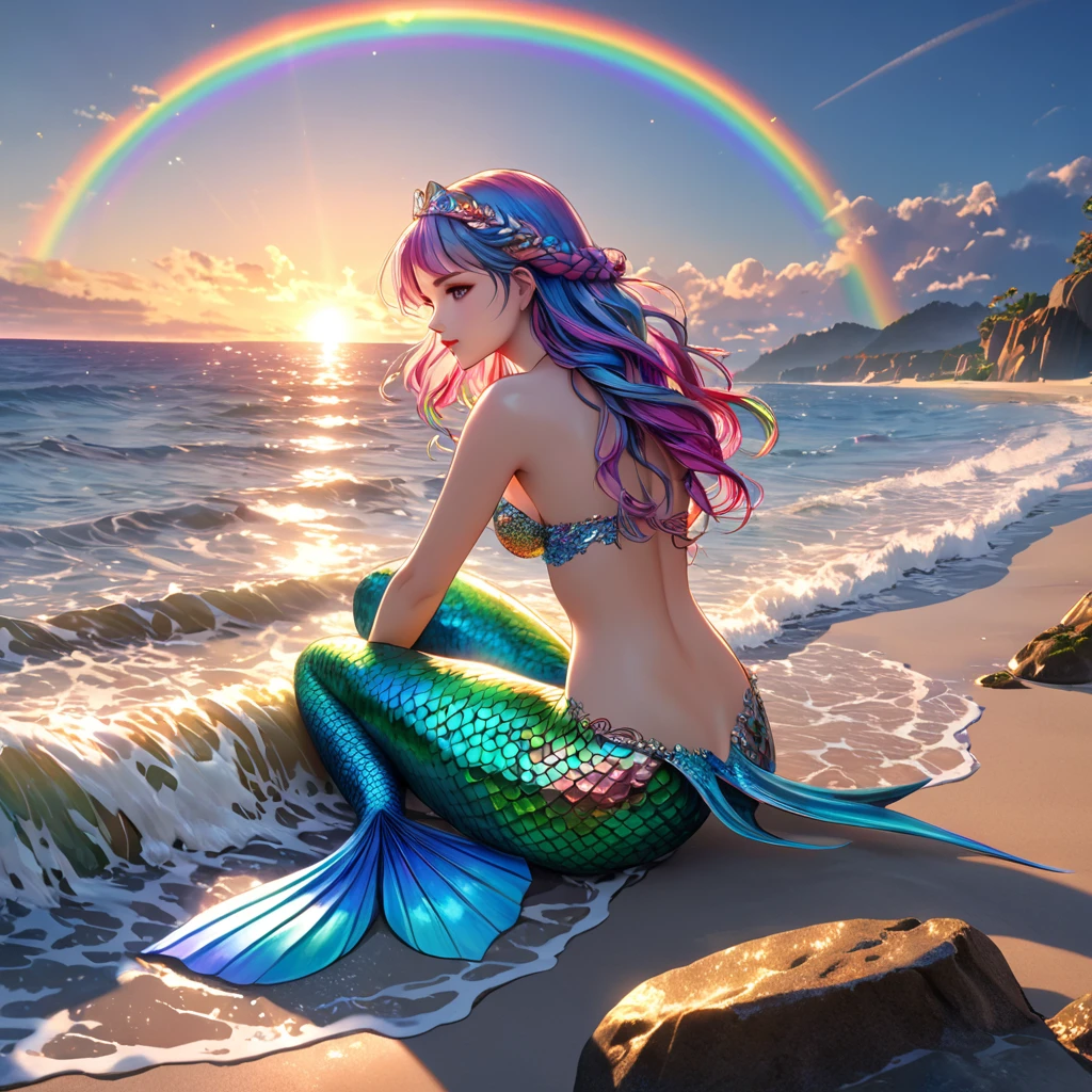 cute 20 year old mermaid with rainbows colored hair with mermaid braids wearing beautiful hair accessoires coming out of the ocean surface, sunset, wears a rainbows glittery mermaid bra, beautiful mermaid, beautiful detailed human face, red lips, alluring eyes, elaborated mermaid rainbow tail, serene, masterpiece, full body shot, highres, high resolution, high quality, intricate details, extremely detailed, incredible details, full colored, complex details, insanely detailed and intricate, extremely detailed with rich colors. masterpiece, best quality, HDR, UHD, unreal engine, High quality, gorgeous, glamorous, 8k, super detail, gorgeous light and shadow, detailed decoration, detailed lines, glittery, fantasy, pretty colors, anime style
