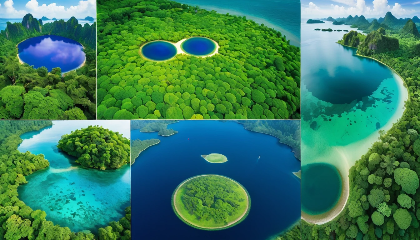A topview semetry scenes of diverse, vibrant environments: Exotic island, lush forests, round iris lake, serene oceans