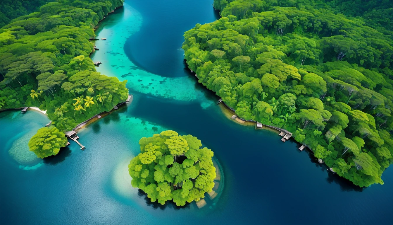 A topview semetry scenes of diverse, vibrant environments: Exotic island, lush forests, round iris lake, serene oceans