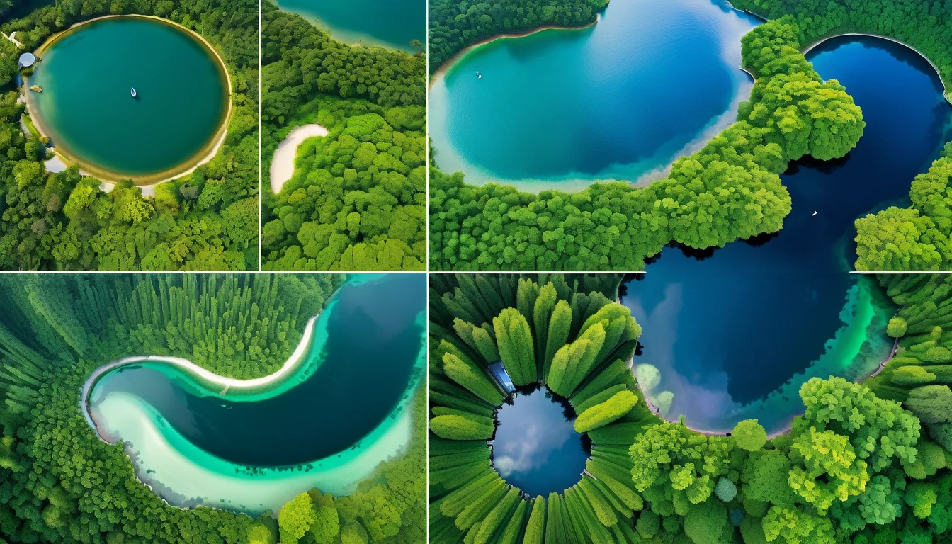 A topview semetry scenes of diverse, vibrant environments: Exotic island, lush forests, round iris lake, serene oceans