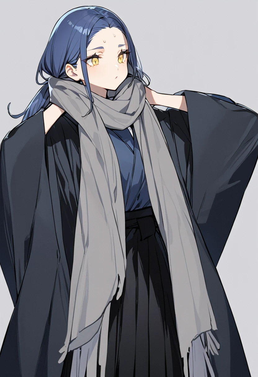 (One very tall woman with her hair in twin tails, exposing her forehead.,Navy Blue Hair,yellow eyes,((Black haori,Black Hakama,Wear a grey scarf around your neck)))