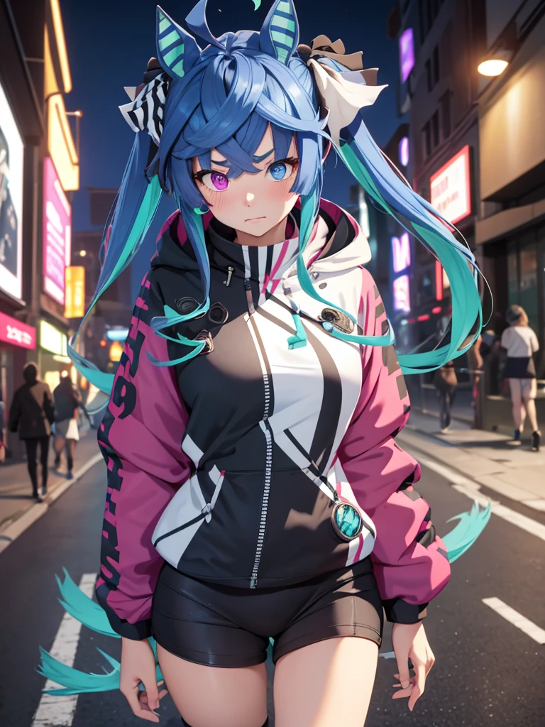 (Masterpiece, best quality, high res、highly detailed cg: 1), Standing on a street corner night, I suddenly feel a gaze upon me. Following the gaze, I see a streetwalker standing nearby. She doesn't approach or call out, but her eyes are filled with temptation, quietly standing but making it impossible to look away once our eyes meet. Twin_Turbo_Umamusume, aqua hair, twintails, heterochromia, purple eyes, blue eyes, sharp teeth,hores tails, nsfw, short stature, open coat, Showing her underwear, (Blush, half closed eyes)