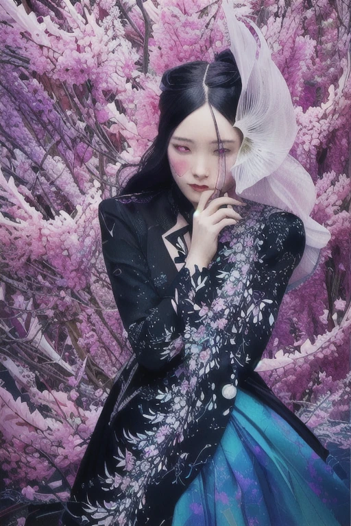 Official Art，unity 8k wallpaper，Super detailed，Beauty and aestheticasterpiece，Highest quality，（Tangleた，Datura stramonium，Tangle，Intertwined），（Fractal Art：1.3），1 The Girl With Her Back Turned，Very detailed，Dynamic Angle，Cowboy Shot，The most beautiful form of chaos，elegant，Fauvist design，Bright colors，Romanticism，James Jean，Robbie Devi Antono，Ross Tran，Francis Bacon，It was freezing cold，Adrian Jenny，Petra Cortright，Gerhard Richter，takato yamamoto，Ashley Wood，Atmospheric，Notes of Ecstasy，I can see the flowing notes