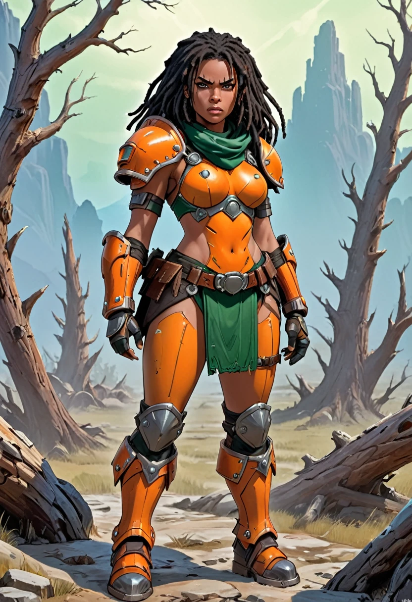 an African woman with short black dreadlocks, wearing heavy orange (mechanical power armor) that covers her upper chest and arms, the armor has a chipped paint, rivets, pressure gauges, visible air hose, and other surface details. The orange shoulder pads are large and round, spherical, with high tech details. Under the armor is a (dark green tight under suit), that covers her upper body and arms. In addition to the armor she has some barbarian style clothes including a fur loincloth,  fur boots. (barbarian fur trim:1.3), (fur belt, fur boots). Badlands background with dead trees. super high quality, super high detail, masterpiece, 4k, 8k, HDR, masters of the universe. Frowning expression, serious expression, glaring at the camera. Show her standing with her hands on her hips.