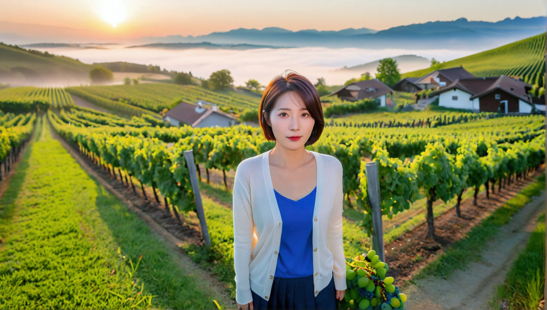 8k, 36 year old Korean woman, pretty like a model, Short hair, White shirt and short cardigan, early morning fog before sunrise, path, vineyard, swiss countryside village, Vivid picture quality, Realistic perfect picture quality, Dawn fog with a blue glow, No grape fruit visible, Wide angle lens shot from afar, Sungrass