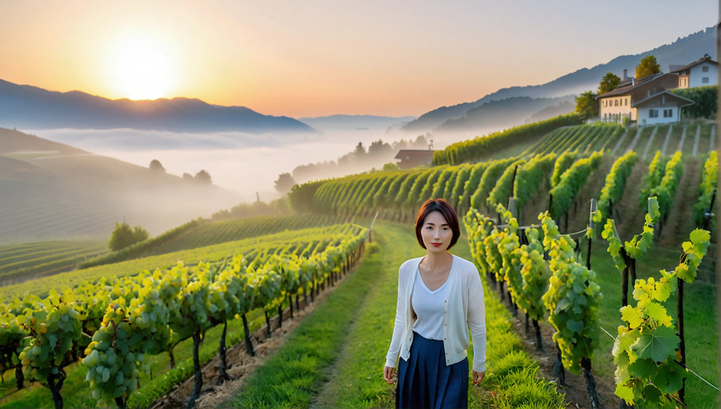 8k, 36 year old Korean woman, pretty like a model, Short hair, White shirt and short cardigan, early morning fog before sunrise, path, vineyard, swiss countryside village, Vivid picture quality, Realistic perfect picture quality, Dawn fog with a blue glow, No grape fruit visible, Wide angle lens shot from afar, Sungrass