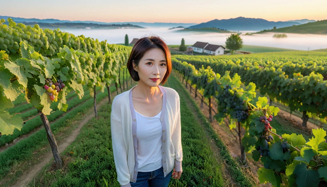 8k, 36 year old Korean woman, pretty like a model, Short hair, White shirt and short cardigan, early morning fog before sunrise, path, vineyard, swiss countryside village, Vivid picture quality, Realistic perfect picture quality, Dawn fog with a blue glow, No grape fruit visible, Wide angle lens shot from afar, Sungrass