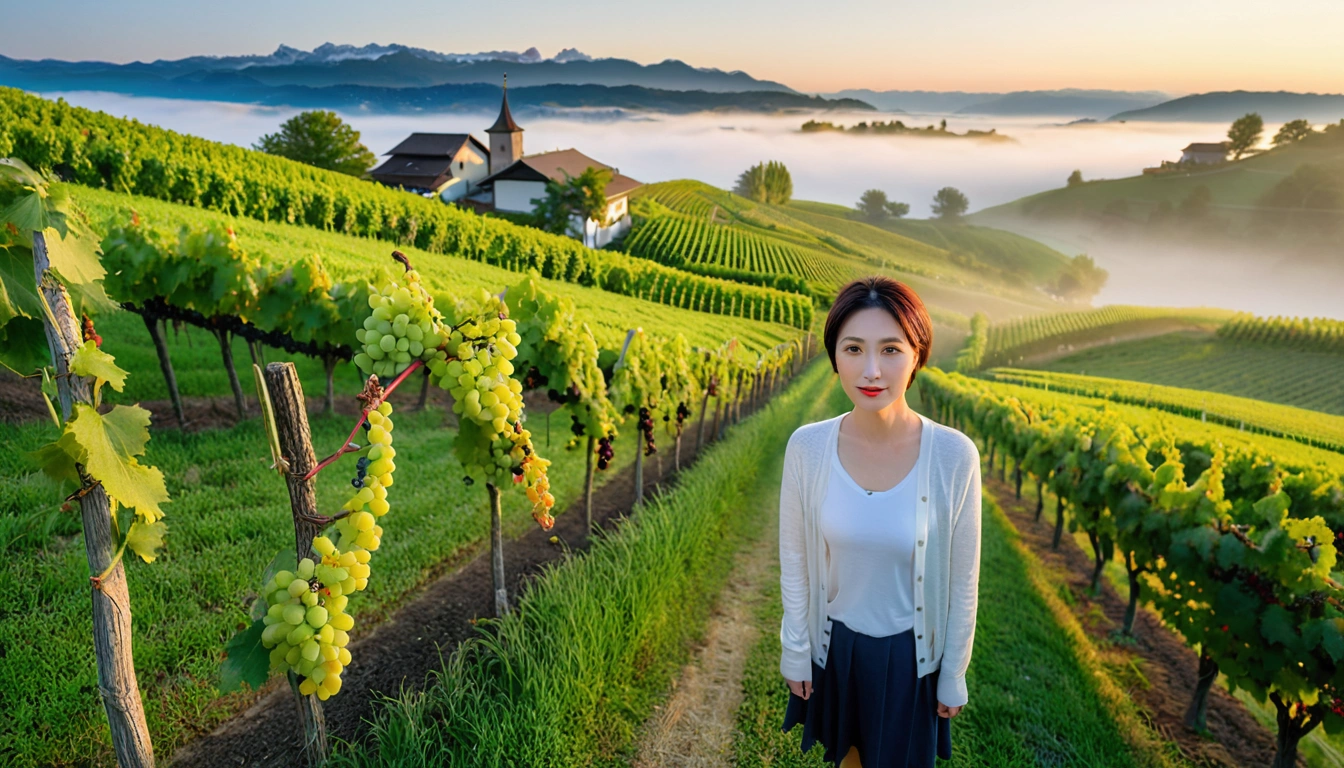 8k, 36 year old Korean woman, pretty like a model, Short hair, White shirt and short cardigan, early morning fog before sunrise, path, vineyard, swiss countryside village, Vivid picture quality, Realistic perfect picture quality, Dawn fog with a blue glow, No grape fruit visible, Wide angle lens shot from afar, Sungrass