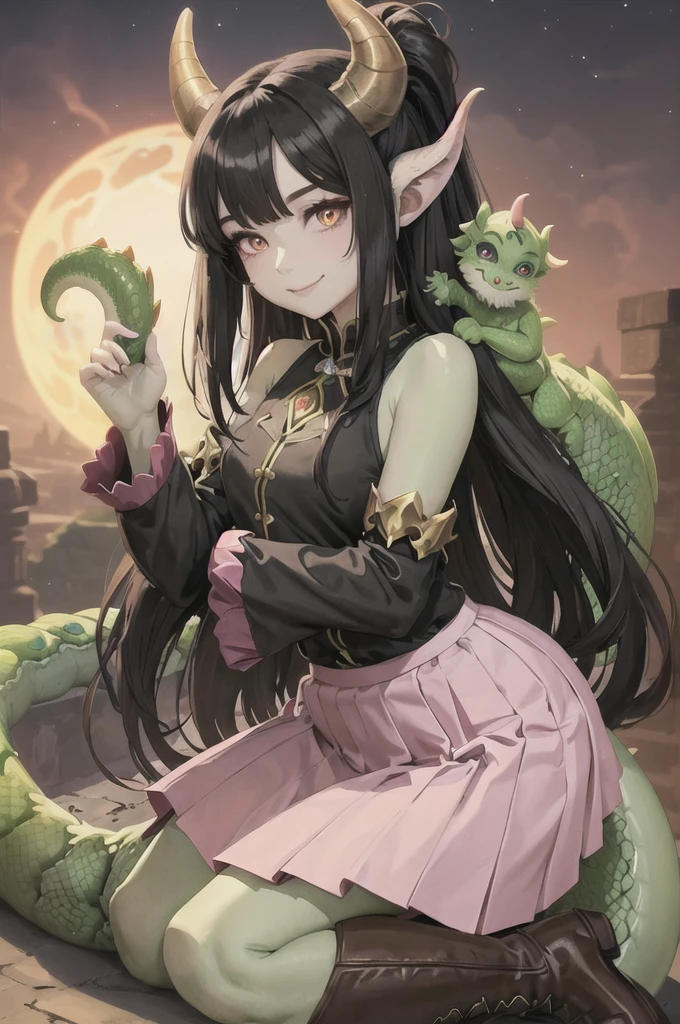 masterpiece, high quality, dragon girl, green skin, brown horns, long tail, hairy tip on tail, long black hair, black holes in shoulders, pink pupils, Tender smile, a white blouse, Long blue skirt, Brown boots, black sclera