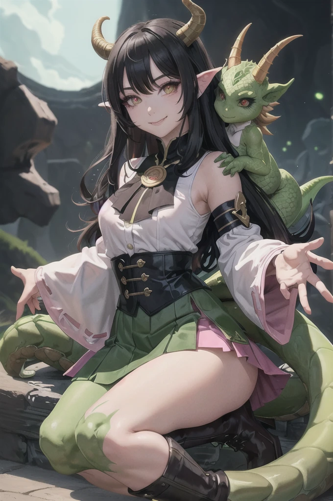 masterpiece, high quality, dragon girl, green skin, brown horns, long tail, hairy tip on tail, long black hair, black holes in shoulders, pink pupils, Tender smile, a white blouse, Long blue skirt, Brown boots, black sclera