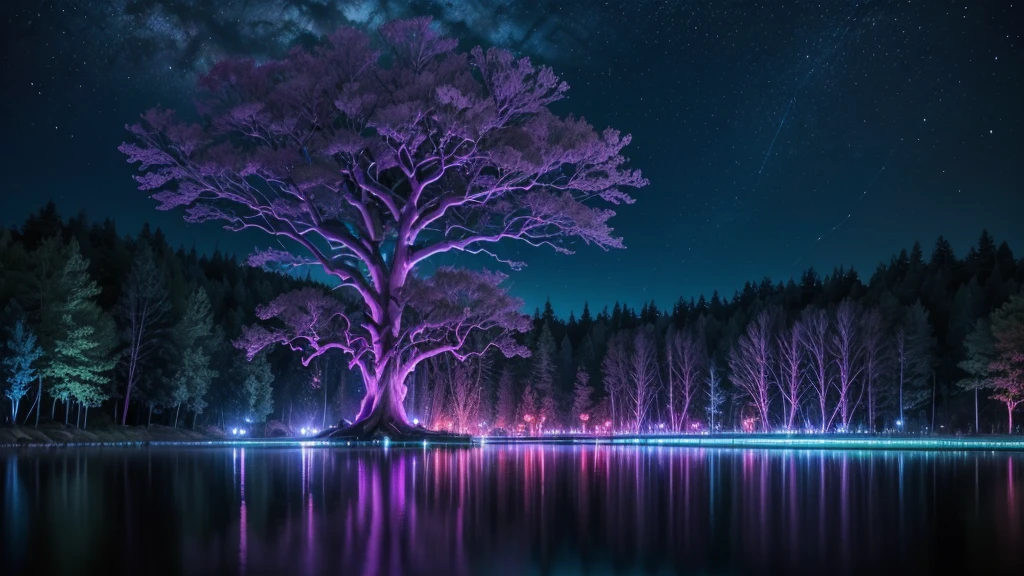 Large place with neon alien style plants, with tribal villages and big trees on those trees., His roots are like big neon, and the trunk looks like something colorful.., with the river, passing with very clean water, When you look at the reflection of water, It glows neon, and there are colorful clouds in the sky.. (neon party) neon lights super neon clarity, show wonderful lights wonderful night colorful lights animal colorful neon, shining, creative ultra rave multicolor , wonderful scene with bright lights and neon with emphasis on blue and pinky