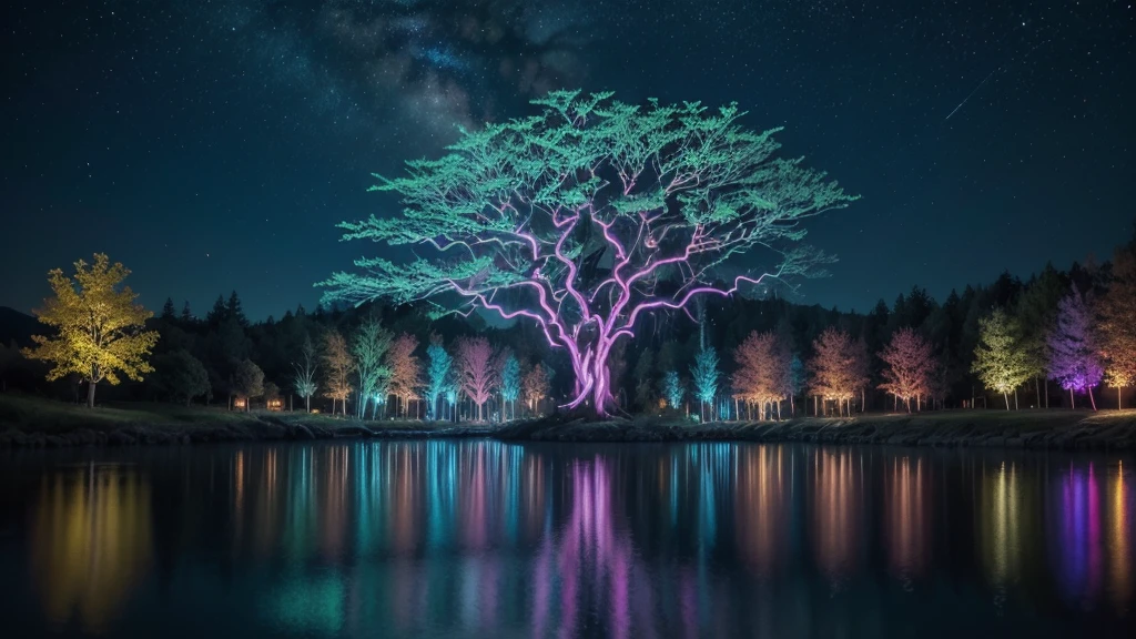 Large place with neon alien style plants, with tribal villages and big trees on those trees., His roots are like big neon, and the trunk looks like something colorful.., with the river, passing with very clean water, When you look at the reflection of water, It glows neon, and there are colorful clouds in the sky.. (neon party) neon lights super neon clarity, show wonderful lights wonderful night colorful lights animal colorful neon, shining, creative ultra rave multicolor , wonderful scene with bright lights and neon with emphasis on blue and pinky

