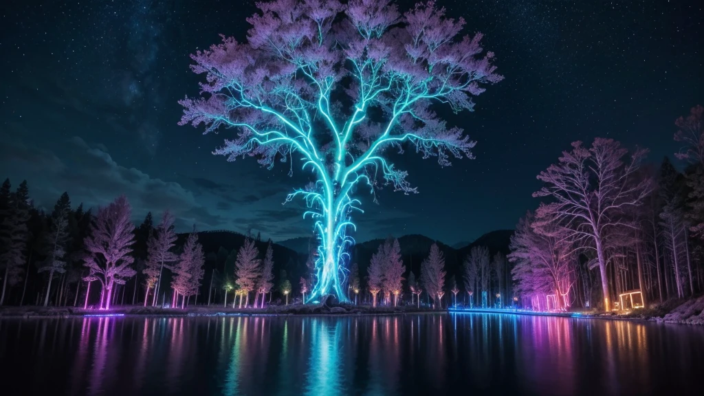 Large place with neon alien style plants, with tribal villages and big trees on those trees., His roots are like big neon, and the trunk looks like something colorful.., with the river, passing with very clean water, When you look at the reflection of water, It glows neon, and there are colorful clouds in the sky.. (neon party) neon lights super neon clarity, show wonderful lights wonderful night colorful lights animal colorful neon, shining, creative ultra rave multicolor , wonderful scene with bright lights and neon with emphasis on blue and pinky

