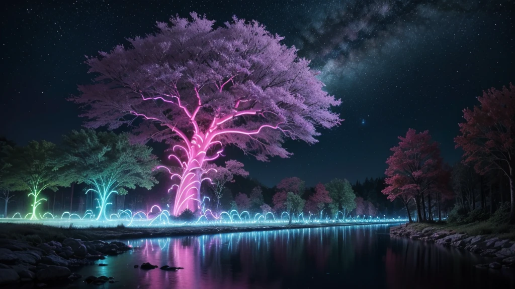 Large place with neon alien style plants, with tribal villages and big trees on those trees., His roots are like big neon, and the trunk looks like something colorful.., with the river, passing with very clean water, When you look at the reflection of water, It glows neon, and there are colorful clouds in the sky.. (neon party) neon lights super neon clarity, show wonderful lights wonderful night colorful lights animal colorful neon, shining, creative ultra rave multicolor , wonderful scene with bright lights and neon with emphasis on blue and pinky