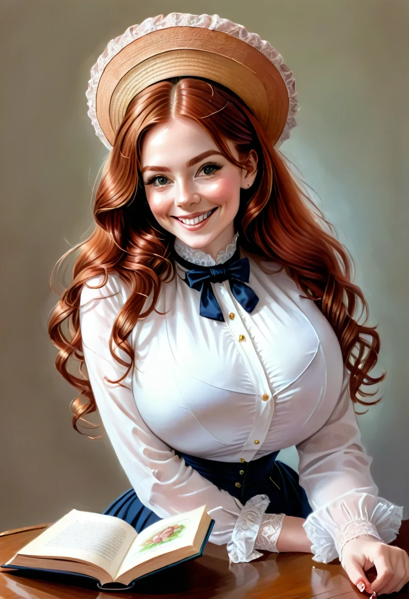 A colored pencil drawing of a pretty smiling happy victorian governess, curly auburn red hair. Kind and inteligent, joyful energy. hair in bun, hat. book of poetry in hand.