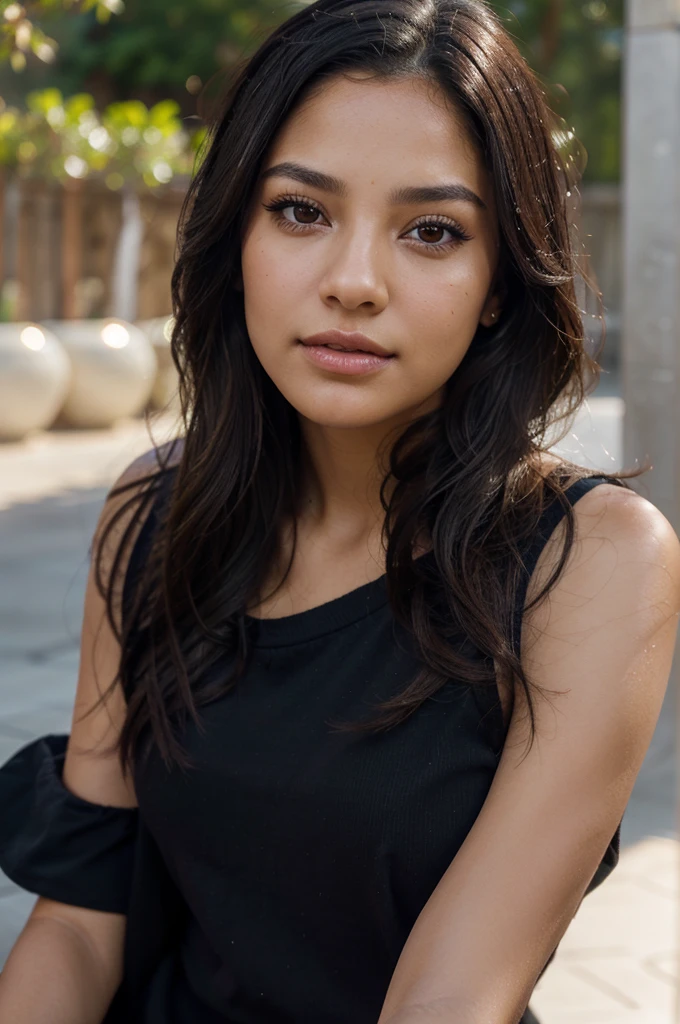 A beautiful Latina girl with light makeup, brown eyes, slightly wavy black hair with falling on her shoulders, glossy lips and mascara, making a selfie and holding in her right hand a visible credit card, detailed face, realistic, photorealistic, portrait, high quality, 8k, ultra-detailed, vivid colors, professional lighting, natural lighting