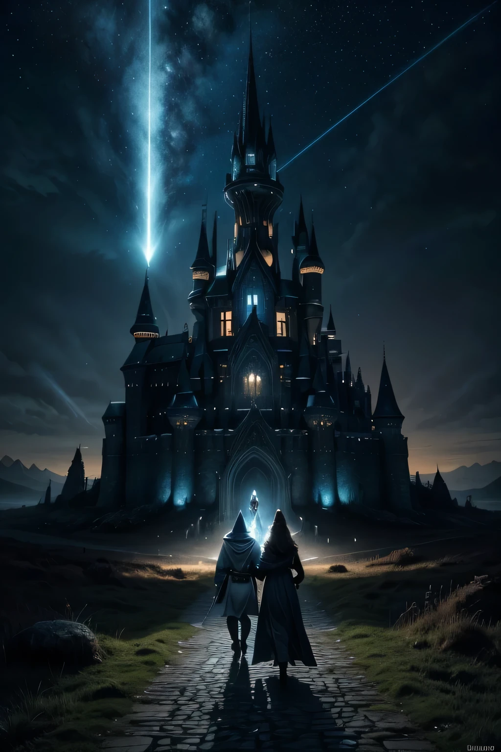 For the album cover "Guardians of Light," the image should depict two realistic wizards walking towards a medieval castle. The wizards, dressed in majestic robes and holding luminous staffs, should exude an aura of power and wisdom.
The setting should be a mystical nighttime environment, with a starry sky and moonlight softly illuminating the path. The medieval castle, imposing and mysterious, should be visible in the distance, with its towers and walls suggesting a destination of great importance.
The atmosphere should convey a sense of adventure and protection, with the wizards representing the guardians of light, ready to face any challenge. The lighting should be soft, highlighting the details of the wizards and the castle, creating a contrast between the darkness of the night and the glow of the magical staffs.
The title "Guardians of Light" should be prominently displayed, with a font that complements the medieval and magical theme, perhaps with a glowing or shimmering effect. The overall aesthetic should be one of magical realism, inspiring viewers and inviting them on an epic journey through the music.
