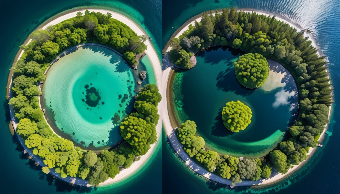 A topview symmetry image of scenes of diverse, vibrant environments: Exotic island, lush forests, round iris lake, serene oceans
