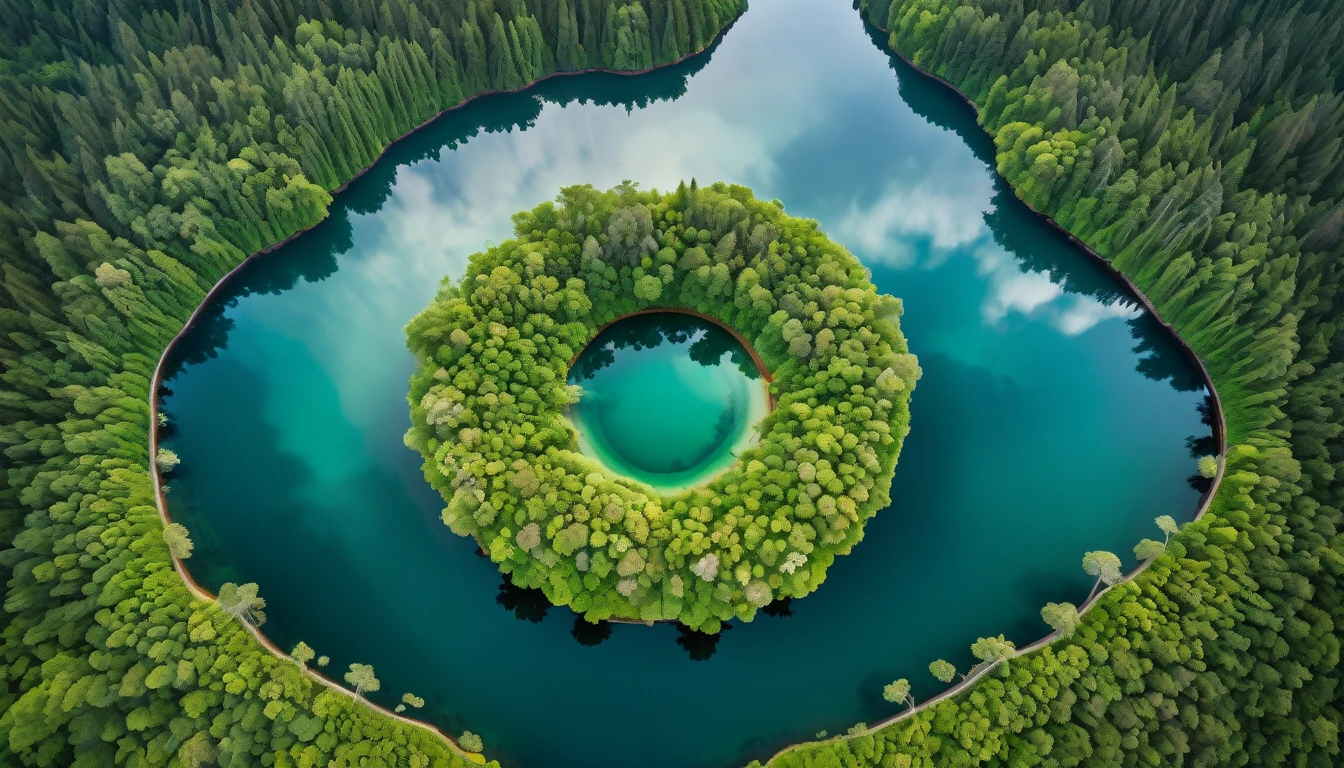 A topview symmetry image of scenes of diverse, vibrant environments: Exotic island, lush forests, round iris lake, serene oceans
