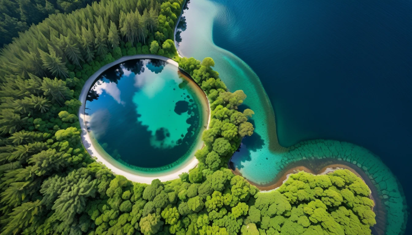 A topview symmetry image of scenes of diverse, vibrant environments: Exotic island, lush forests, round iris lake, serene oceans

