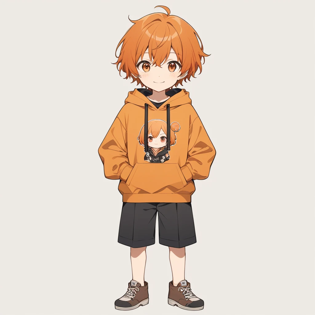 Orange Hair, Orange eyes,Short Hair,smile, a bit,maleの子一人,a bitキャラ,anime,whole body,mini,male,小さいmaleの子,a little ,hoodie,