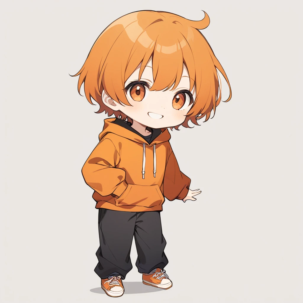 Orange Hair, Orange eyes,Short Hair,smile, a bit,maleの子一人,a bitキャラ,anime,whole body,mini,male,小さいmaleの子,a little ,hoodie,