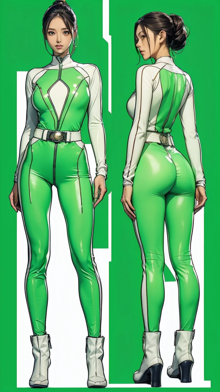 ((masterpiece)),(((highest quality))),((Reference Sheet, Character Design, front, return, ~ ~ side, Mr..々Hairstyle, Mr..々Performance, Facial Expressions)), 14-year-old girl, Cute type, (Very slim:1.4), (Very small ass:1.4), Realistic buttocks, Big Breasts, Short Bob, Thin thighs, Long legs, ((Light Green Enamel Power Rangers、Big Breasts、Cover all breasts at all times、Wearing a light green leather full body suit、Large emblem on the chest、Always wear a belt with a large buckle, White suit、Truly a Sentai hero)), ((Browsing Caution:1.0))