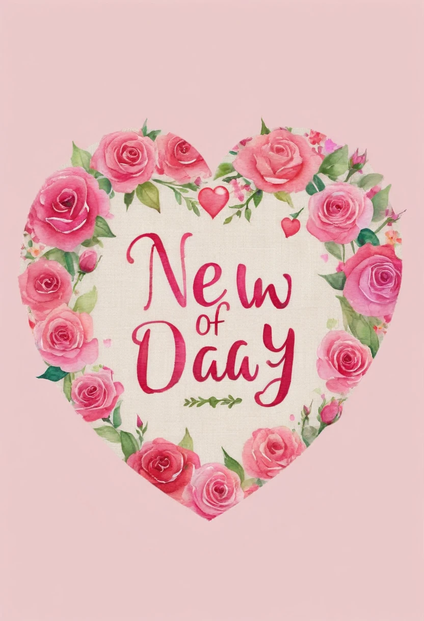 bag made of linen, is heart shaped, Floral frame, Delicate watercolor flowers in vibrant shades of pink and pink, Engaging illustrations, logo text sign that says the word "new day", Creative font design, typeface , spirit of rose, rose theme, (best quality, masterpiece, representative work, official artwork, professional, ultra-high details, 8k:1.3)