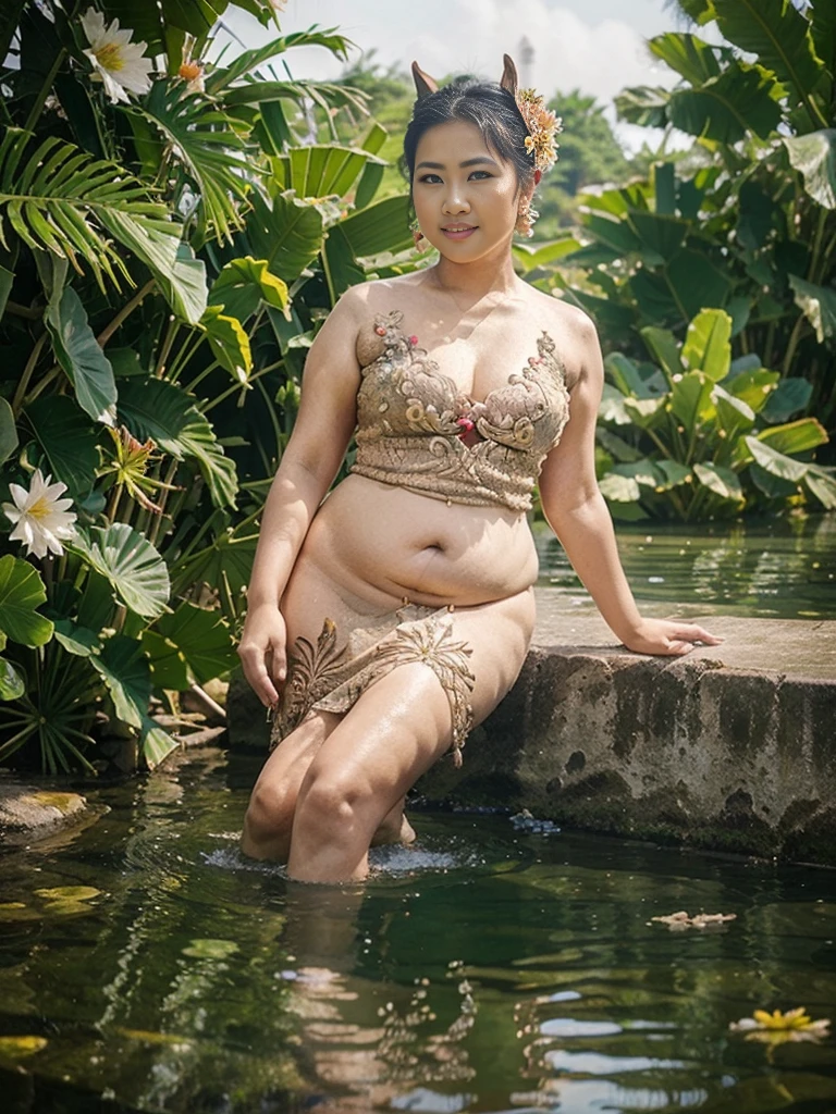 Woman swimming in the river, wearing a Javanese kebaya, flowers in the ears, flirting with the camera (plump woman)
