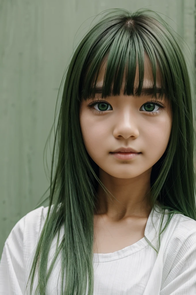 Girl, long yellong hair, green skin, green eye, wearing a white clothes