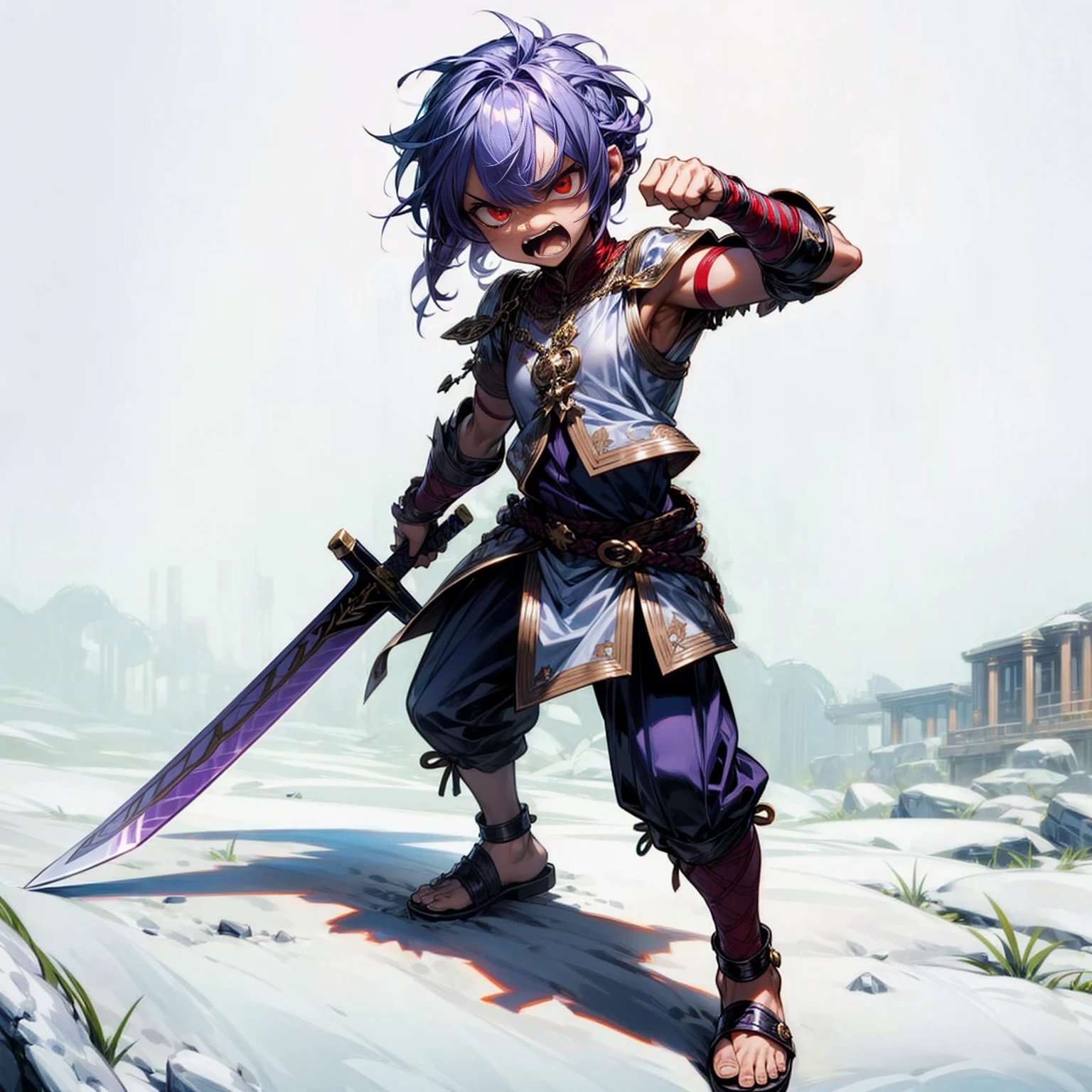 Full background, red eyes, angry, angry eyes, angry mouth, Curly hairstyle, purple colour hair, motion blur, lighting, gold  gold, sword in hand, sandals