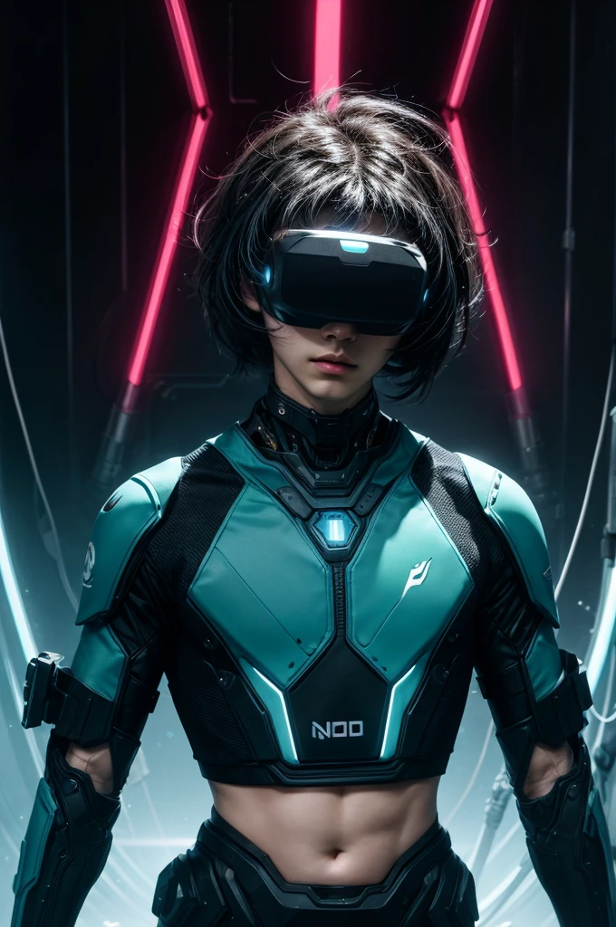 best quality, head-mounted display,
(1 boy), twink, exposed belly, surrounded by azure neon, short black messy hair, short black hair, NodesTech mascara, NodesTech headdress, ethereal hair, multicolored black hair, wearing crop top cyborg armor
BREAK sci-fi background, detailed background,  azure neon background, data space