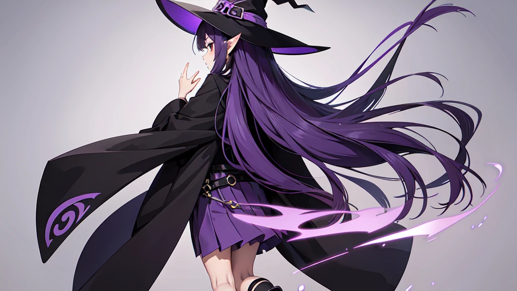 Anime girl with long purple hair and black robe. Witch hat. Pointy ears. Cute as a cartoon. Back view. Full body facing backwards. Her whole body is visible from her head to her feet. Skirt is short.