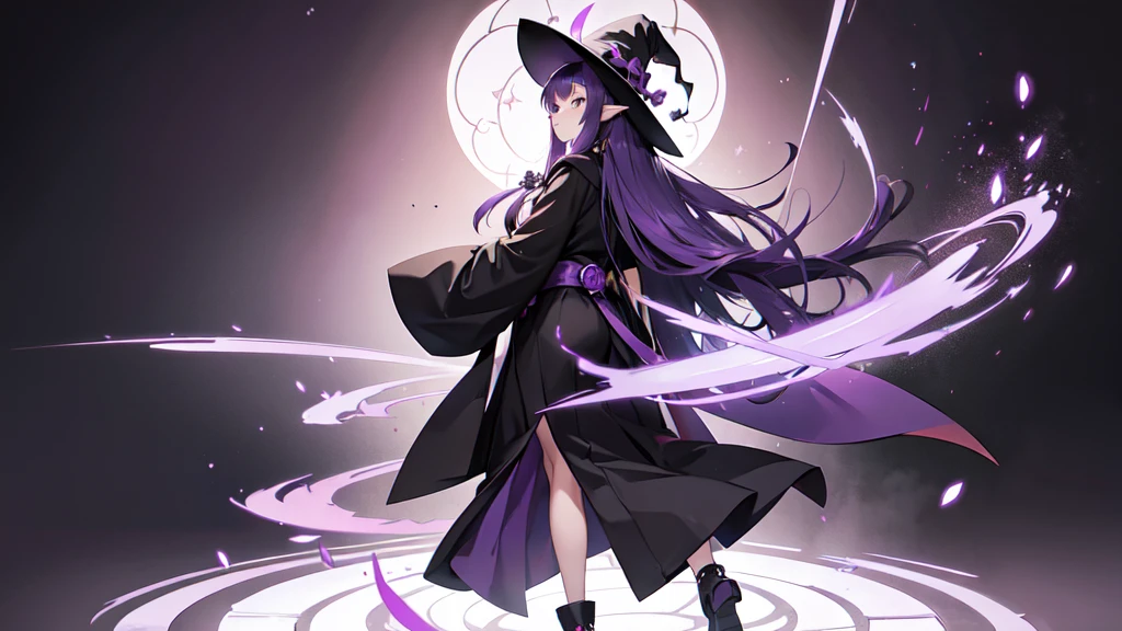 Anime girl with long purple hair and black robe. Witch hat. Pointy ears. Cute as a cartoon. Back view. Full body facing backwards. Her whole body is visible from her head to her feet. Skirt is short.