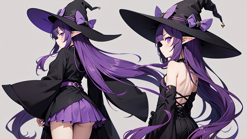 Anime girl with long purple hair and black robe. Witch hat. Pointy ears. Cute as a cartoon. Back view. Full body facing backwards. Her whole body is visible from her head to her feet. Skirt is short.