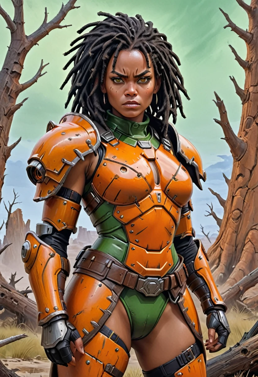 Realistic oil painting of close up of African woman with (short black dreadlocks), short black hair pulled back, wearing a (heavy orange mechanical armor:1.3), chipped paint (orange power armor covering her chest and arms), (orange breast plate:1.1) with large (round orange shoulder pads:1.1), fur trim, dark green tight undersuit. (detailed eyes, detailed face), dark skin. (barbarian fur trim:1.3), (fur belt, fur boots). Badlands background with dead trees. super high quality, super high detail, masterpiece, 4k, 8k, HDR, masters of the universe. Frowning expression, serious expression, glaring at the camera. Show her fighting, dynamic exaggerated pose, (fighting stance, fighting, movement:1.2)