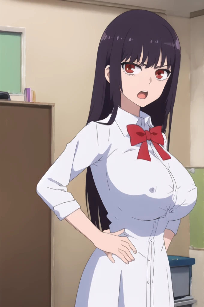 ((Best Quality)),((Very detailed)),masterpiece,absurdities,detailed face,beautiful face,(detailed eyes, deep eyes),1 girl,((dynamic pose)), very much, purple hair, by the wide, Alone, Red eyes, , open mouth, bow, big breasts, board, classroom, cowboy shot, school, inside, hand on hip, desk, shirt, angry, looking at the viewer, dress shirt