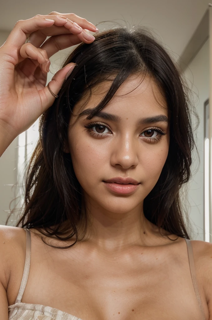 A beautiful Latina girl with light makeup, brown eyes, slightly wavy black hair with falling on her shoulders, glossy lips and mascara, making a selfie and holding in her right hand a visible credit card, detailed face, realistic, photorealistic, portrait, high quality, 8k, ultra-detailed, vivid colors, professional lighting, natural lighting