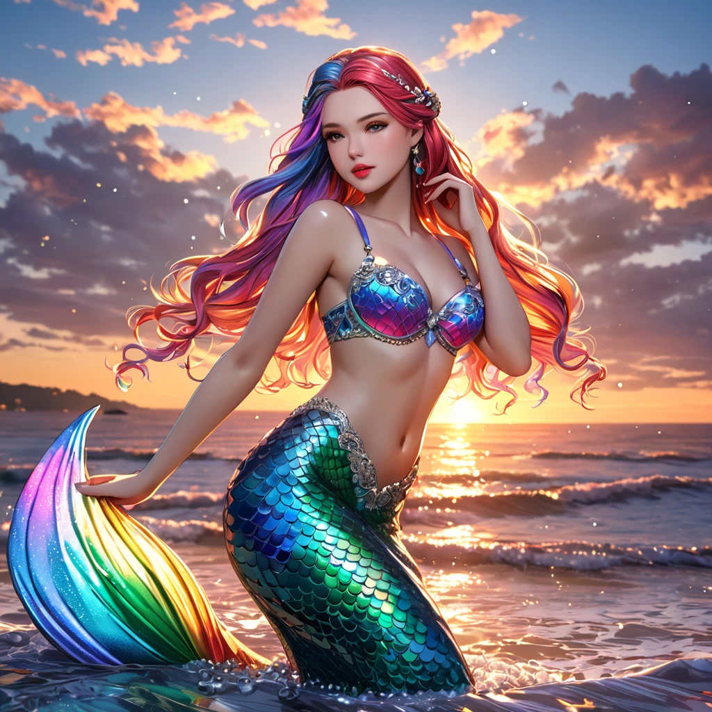 cute 20 year old mermaid with rainbows colored hair with mermaid braids wearing beautiful hair accessoires coming out of the ocean surface, sunset, wears a rainbows glittery mermaid bra, beautiful mermaid, beautiful detailed human face, red lips, alluring eyes, elaborated mermaid rainbow tail, serene, masterpiece, full body shot, highres, high resolution, high quality, intricate details, extremely detailed, incredible details, full colored, complex details, insanely detailed and intricate, extremely detailed with rich colors. masterpiece, best quality, HDR, UHD, unreal engine, High quality, gorgeous, glamorous, 8k, super detail, gorgeous light and shadow, detailed decoration, detailed lines, glittery, fantasy, pretty colors, anime style
