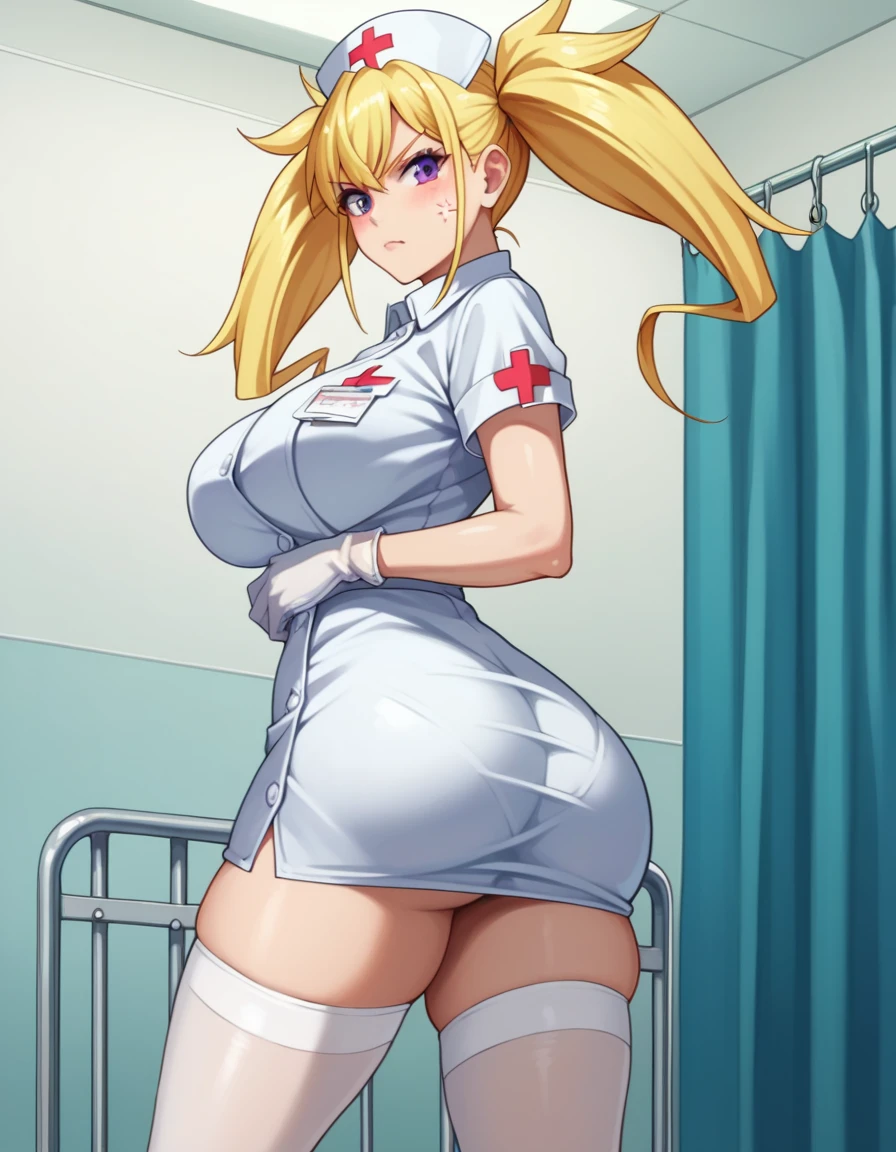 1 girl, 19 years old, large breasts, triple D cup breasts, round buttocks, bubbly buttocks, wide hips, bubbly ass, nurse, nurse cap, White nurse uniform, ((white legwear, zettai ryouiki)), white gloves, twin tails, yellow hair, purple eyes, anger, crossed arms, Are standing, ((hospital room)), sharp outline, short sleeve, highest quality, masterpiece