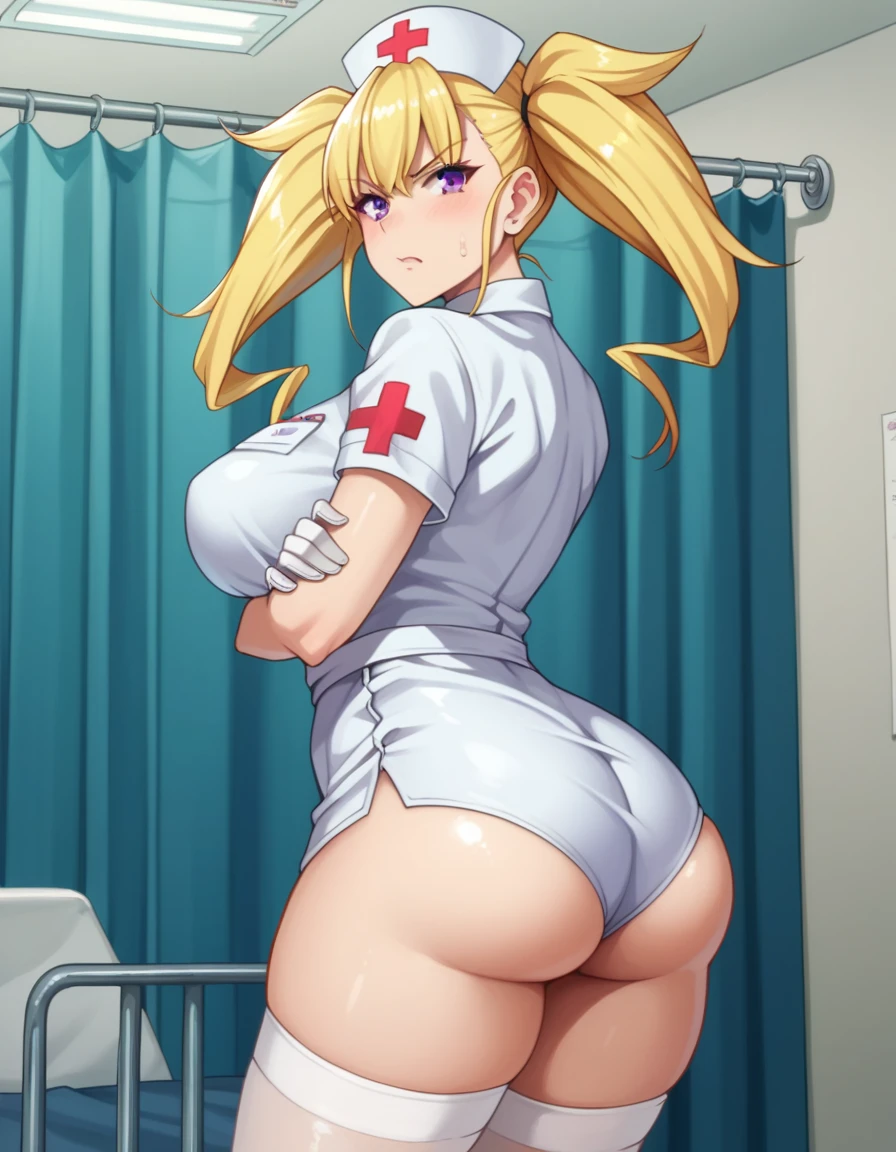 1 girl, 19 years old, large breasts, triple D cup breasts, round buttocks, bubbly buttocks, wide hips, bubbly ass, nurse, nurse cap, White nurse uniform, ((white legwear, zettai ryouiki)), white gloves, twin tails, yellow hair, purple eyes, anger, crossed arms, Are standing, ((hospital room)), sharp outline, short sleeve, highest quality, masterpiece