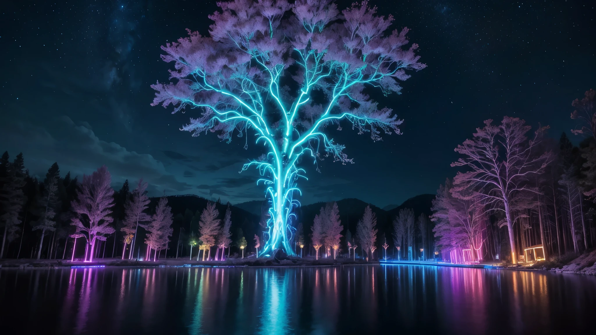 Large place with neon alien style plants, with tribal villages and big trees on those trees., His roots are like big neon, and the trunk looks like something colorful.., with the river, passing with very clean water, When you look at the reflection of water, It glows neon, and there are colorful clouds in the sky.. (neon party) neon lights super neon clarity, show wonderful lights wonderful night colorful lights animal colorful neon, shining, creative ultra rave multicolor , wonderful scene with bright lights and neon with emphasis on blue and pinky
