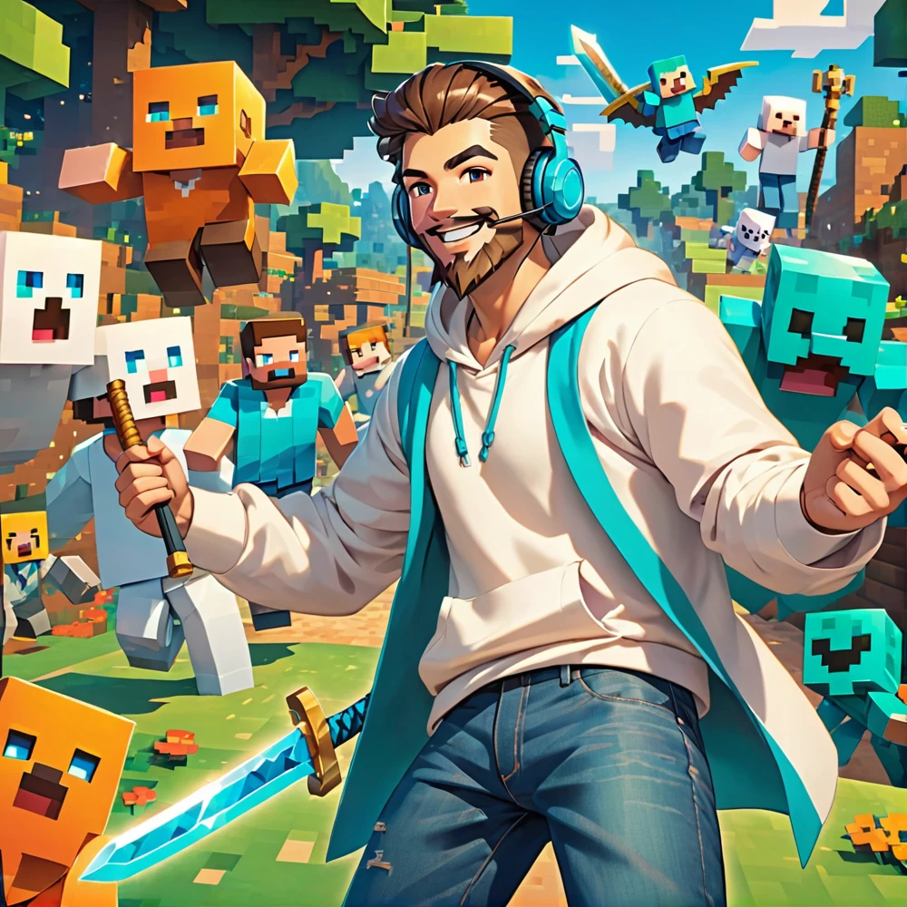 (Male), (6'2"), (Brown spiked pompadour hair), (Close shaven brown full beard) (White Hoodie), (Navy jeans), (Black gaming headphones around neck), (Smiling), (wielding a blue teal sword and a wooden bow), (Surrounded by Ghosts and Minecraft Monsters), (in a Blocky world)