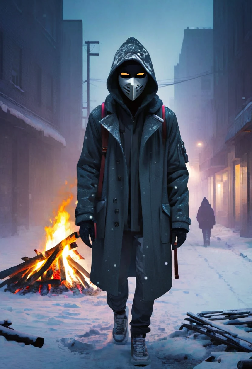 man, 21 years old, survivor, dressed in a long coat, Hood, mask, backpack, winter apocalypse, Loneliness, gloom, Dead city, bonfire, night